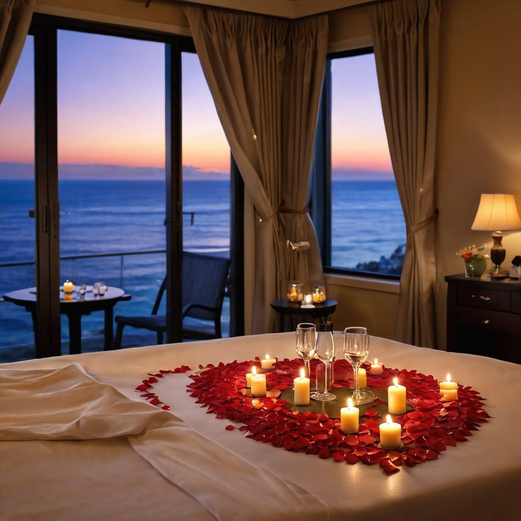 A romantic suite with a plush king-sized bed adorned with rose petals, overlooking a serene ocean view through large windows. Soft candlelight illuminates the room, creating an intimate atmosphere, while a bottle of champagne and two flutes rest on a elegantly set table. In the background, a tranquil spa setting with candles and essential oils. super-realistic. vibrant colors. soft focus.