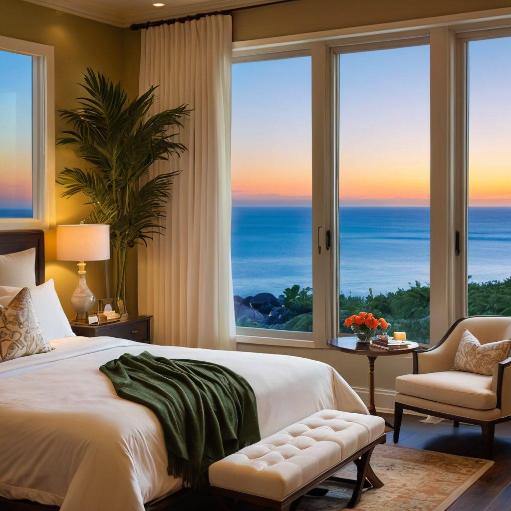 A serene bedroom setting featuring a beautifully made king-sized bed with soft, plush pillows, and rich linens overlooking a stunning ocean view through a large window. A pair of elegant tablet devices are positioned on a stylish nightstand, showcasing mesmerizing landscapes and romantic getaway options. Subtle candlelight flickers, creating an intimate ambiance. Lush greenery and modern decor complement the lavish atmosphere. super-realistic. vibrant colors. soft lighting.