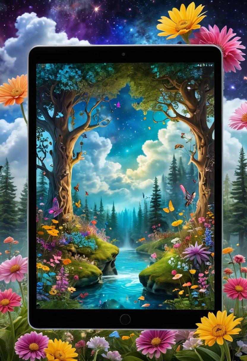 A whimsical tablet displaying a magical landscape, with a fairy-tale forest emerging from the screen, vibrant colors of flowers and mythical creatures spilling out into the real world. A person interacting with the tablet, eyes wide in wonder, surrounded by dream-like elements like floating clouds and sparkles. Realistic textures to the tablet and background for a surreal effect. surreal art. vibrant colors. 3D.